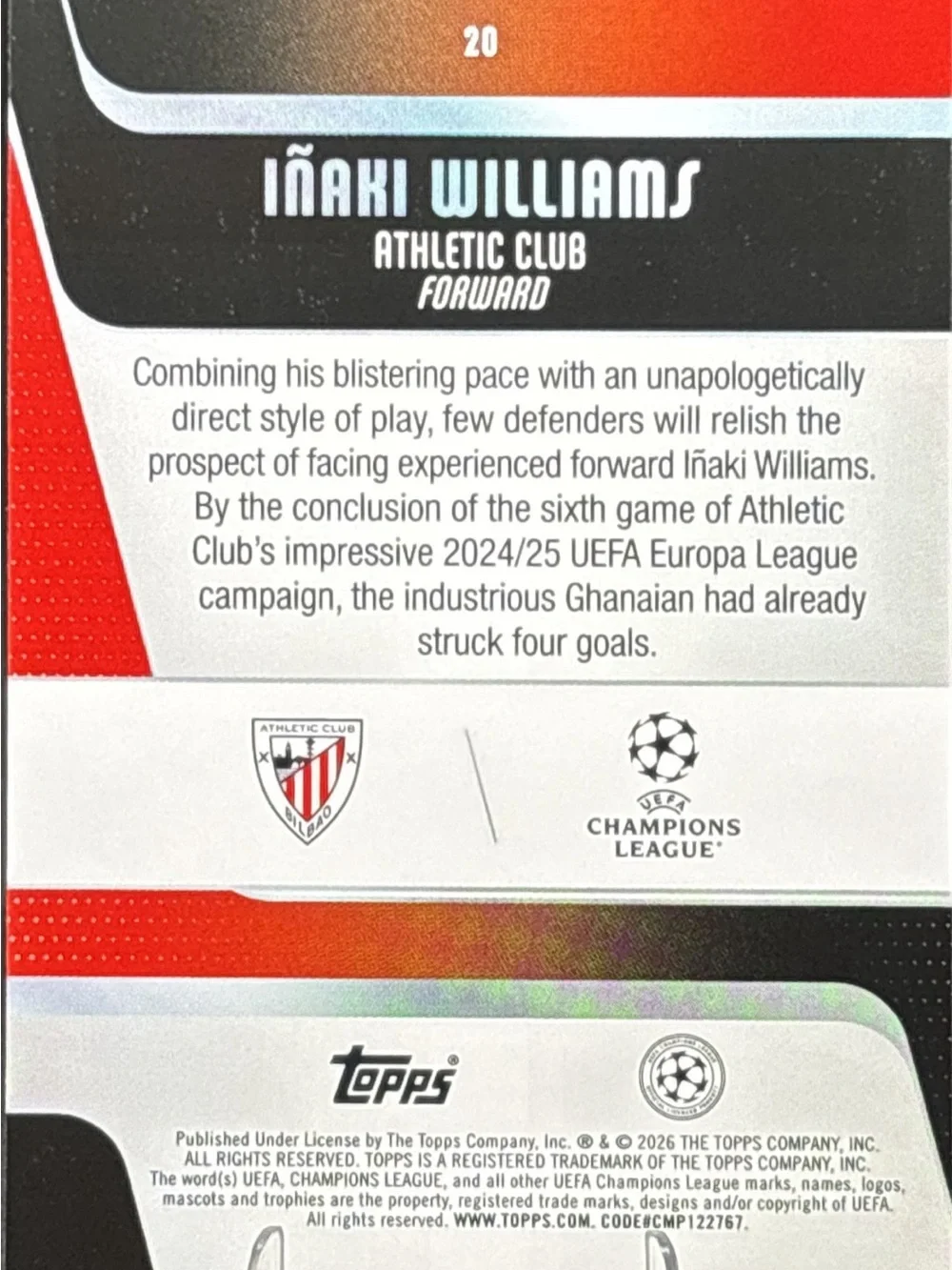 Topps Green Refractor Athletic Club Bilbao Trading Card - Inaki Williams